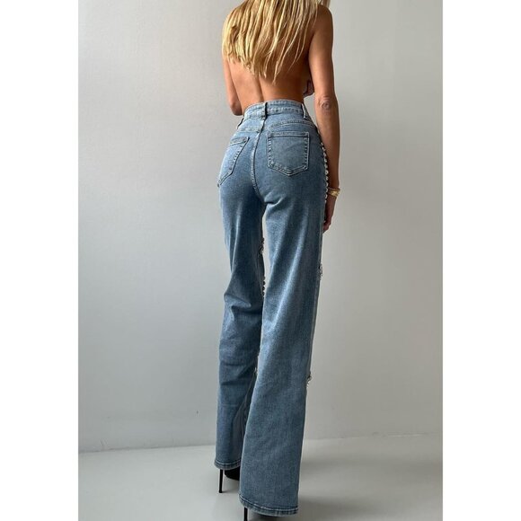 Women High Waist Jeans Rhinestone Trim Baggy Denim Pants Wide Leg Y2K - Picture 4 of 6